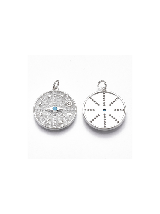 Evil Eye Disc Charm on white background, front and back view.