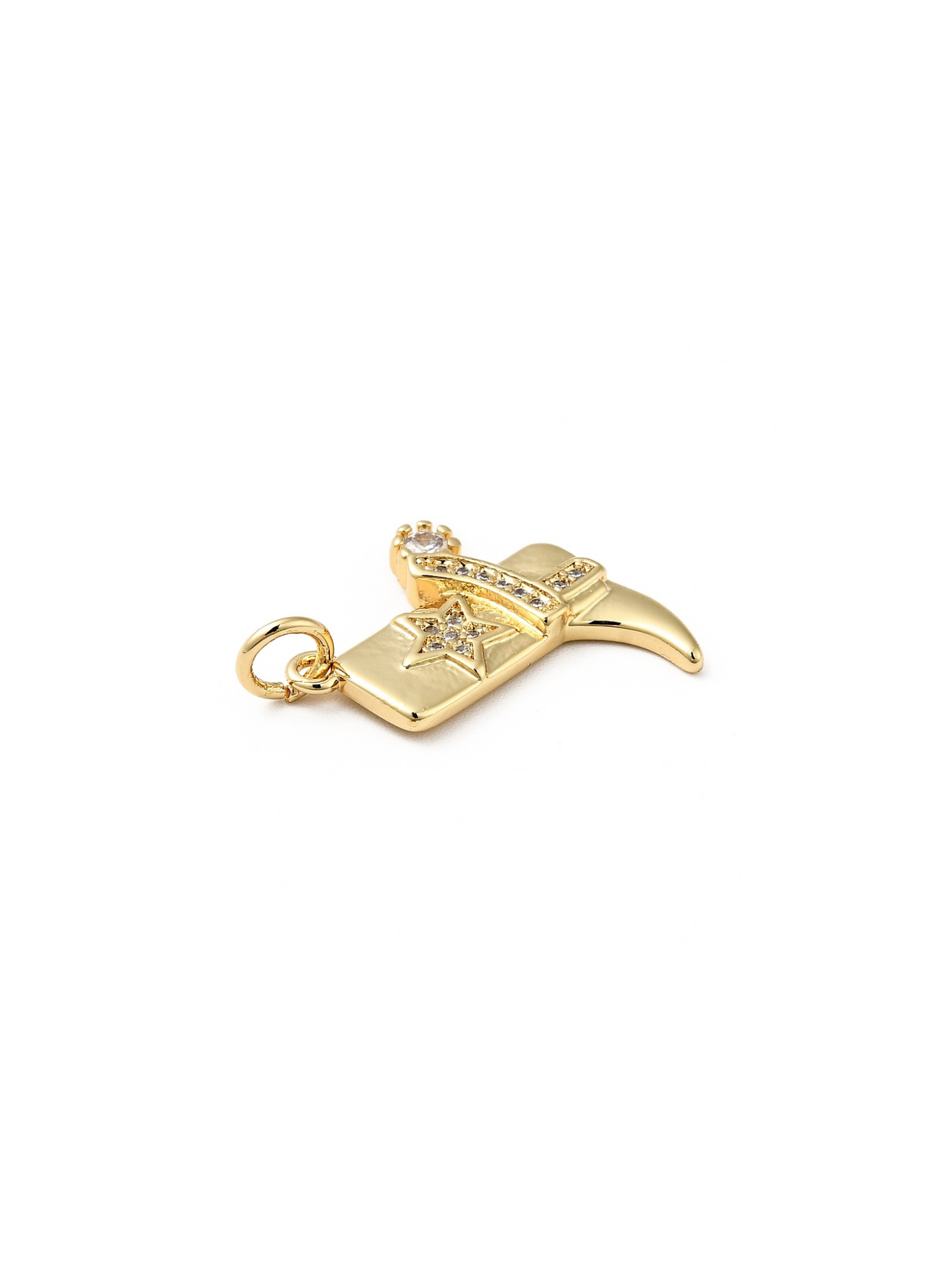 Cowgirl Boot Charm on white background, top view.