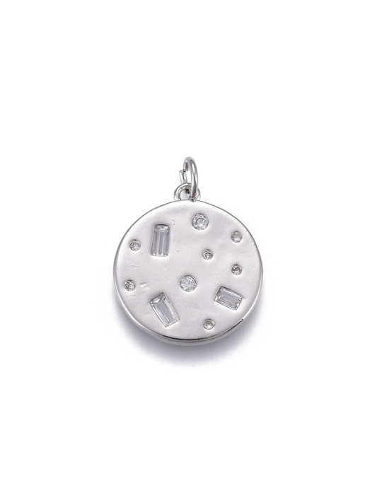 Crystal Sprinkle Disc Charm on white background, front view.