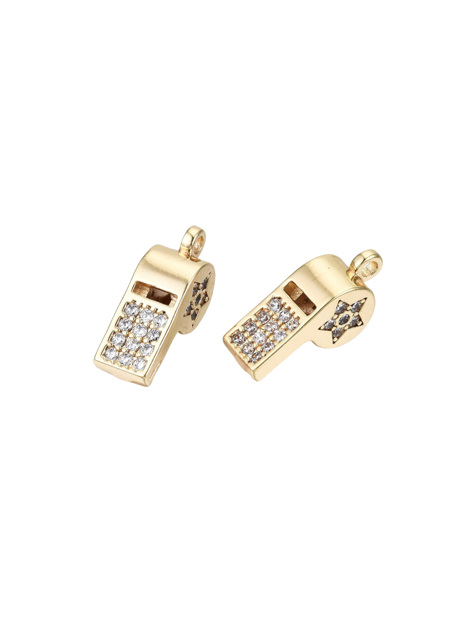 Two rhinestone embellished whistle charms, one top view, one side view.