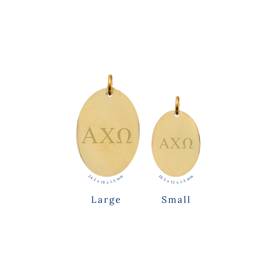 Alpha Chi Omega gold large oval charm and small oval charm comparison with horizontal greek letters front view