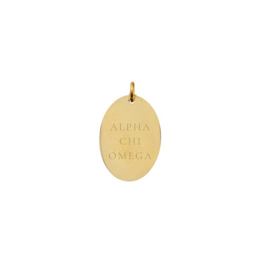 Alpha Chi Omega gold large oval charm with full sorority name front view