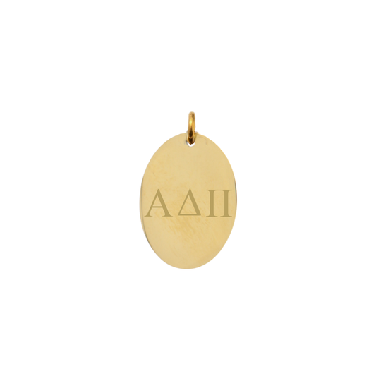 Alpha Delta Pi gold large oval charm with horizontal greek letters front view.