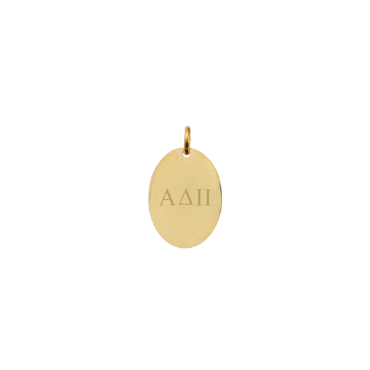 Alpha Delta Pi gold Small oval charm with horizontal greek letters front view.