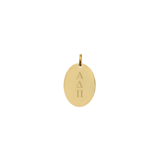 Alpha Delta Pi gold small oval charm with vertical greek letters front view.