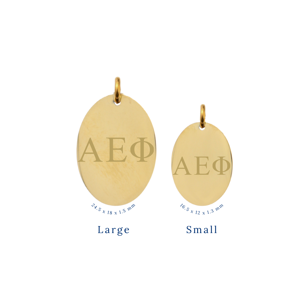 Alpha Epsilon Phi gold large oval charm and small oval charm comparison with horizontal greek letters front view