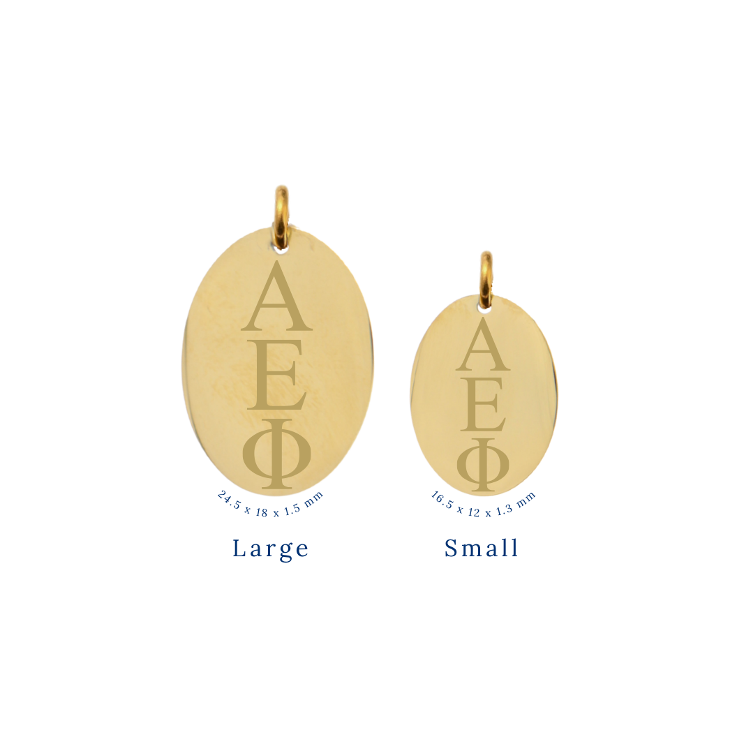 Alpha Epsilon Phi gold large oval charm and small oval charm comparison with vertical/stacked greek letters front view