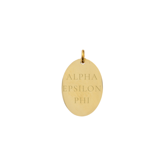 Alpha Epsilon Phi gold large oval charm with full sorority name front view