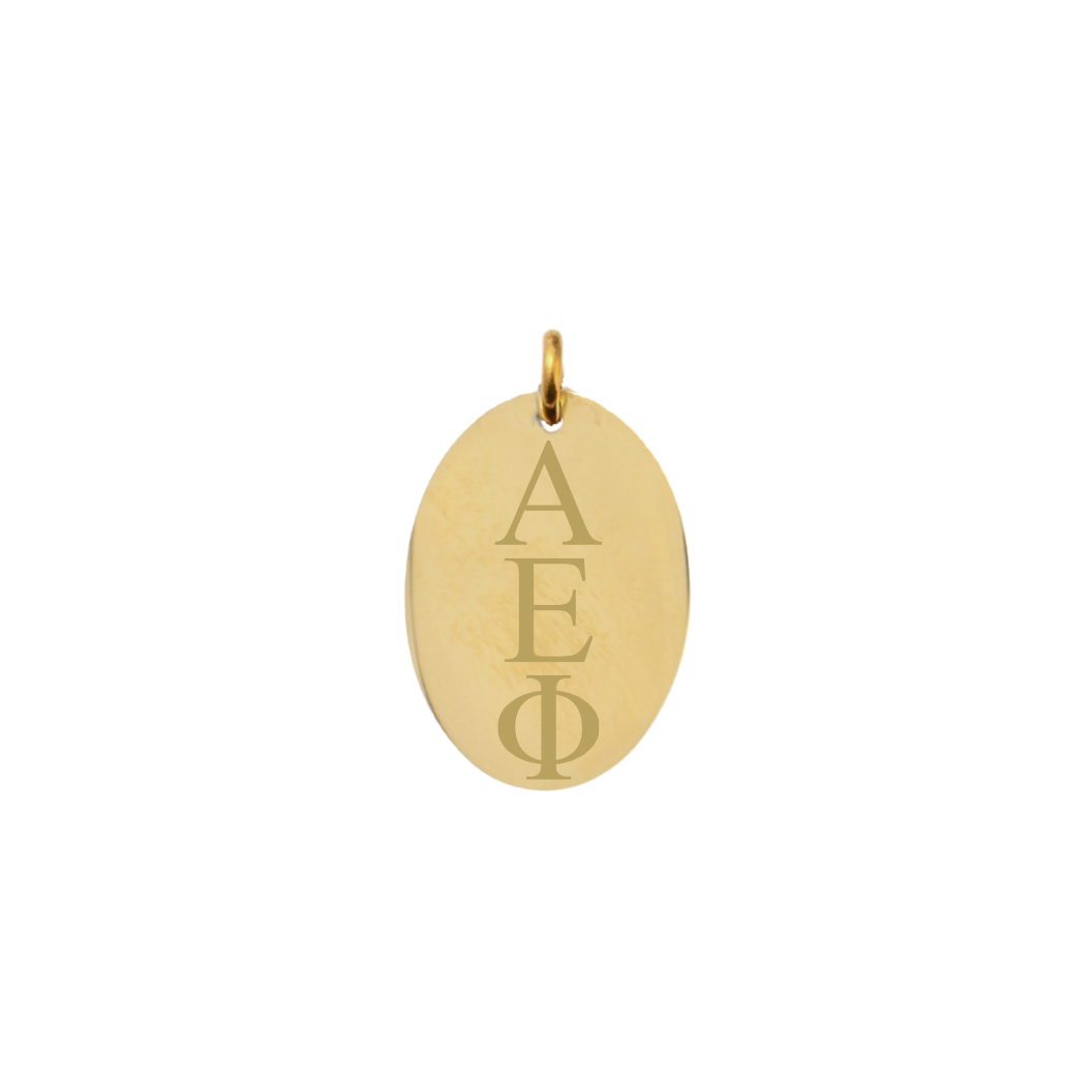 Alpha Epsilon Phi gold large oval charm with vertical/stacked greek letters front view