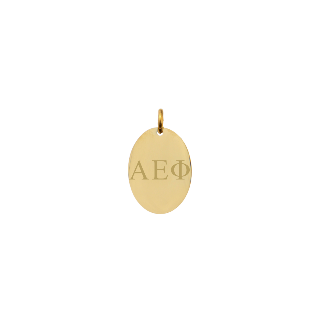 Alpha Phi gold small oval charm with horizontal greek letters front view