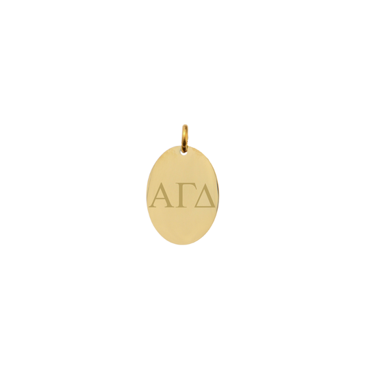 Alpha Gamma Delta gold small oval charm with horizontal greek letters front view
