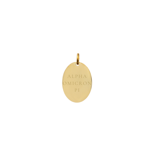 Alpha Omicron Pi gold small oval charm with full sorority name front view