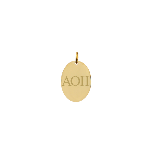 Alpha Omicron Pi gold small oval charm with horizontal greek letters front view