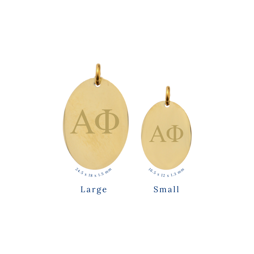 Alpha Phi gold large oval charm and small oval charm comparison with horizontal greek letters front view
