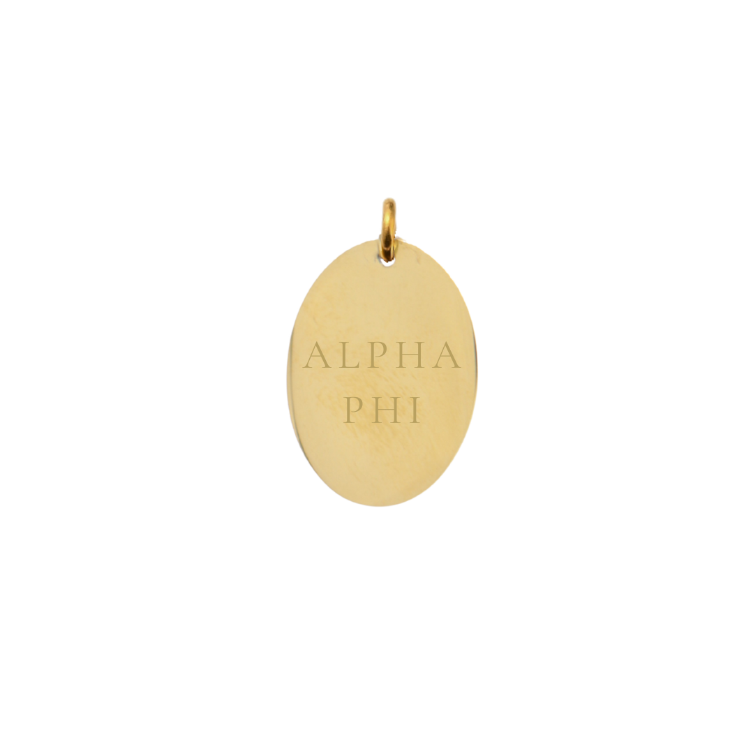 Alpha Phi gold large oval charm with full sorority name front view