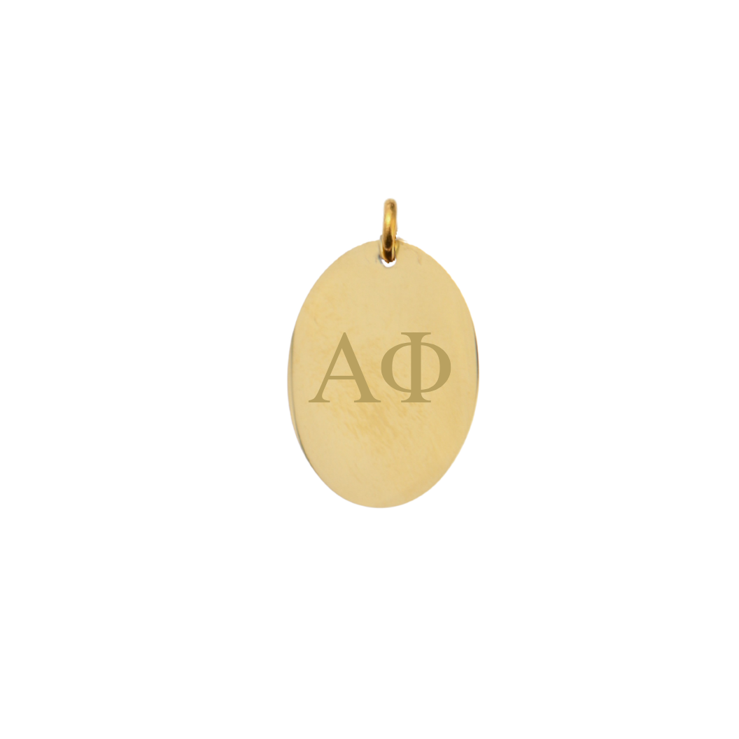 Alpha Phi gold large oval charm with horizontal greek letters front view