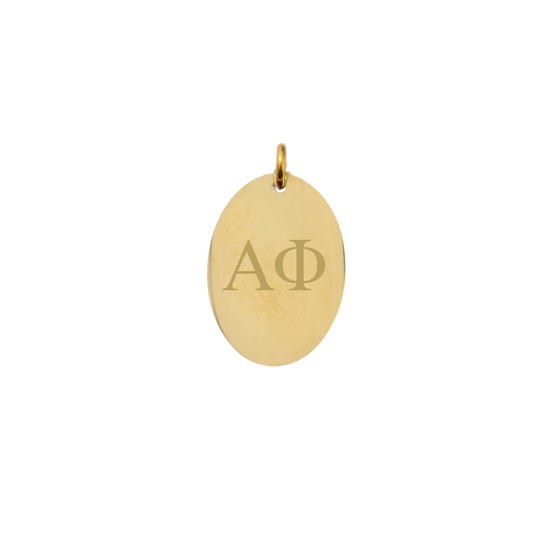 Alpha Phi gold large oval charm with horizontal greek letters front view