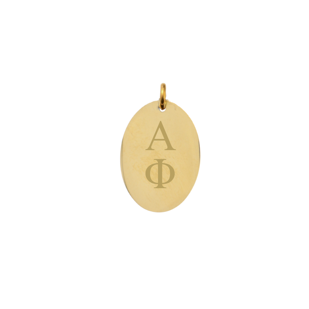 Alpha Phi gold large oval charm with vertical greek letters front view