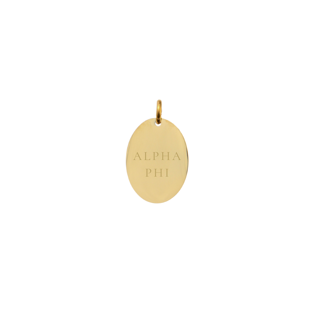 Alpha Phi gold small oval charm with full sorority name front view