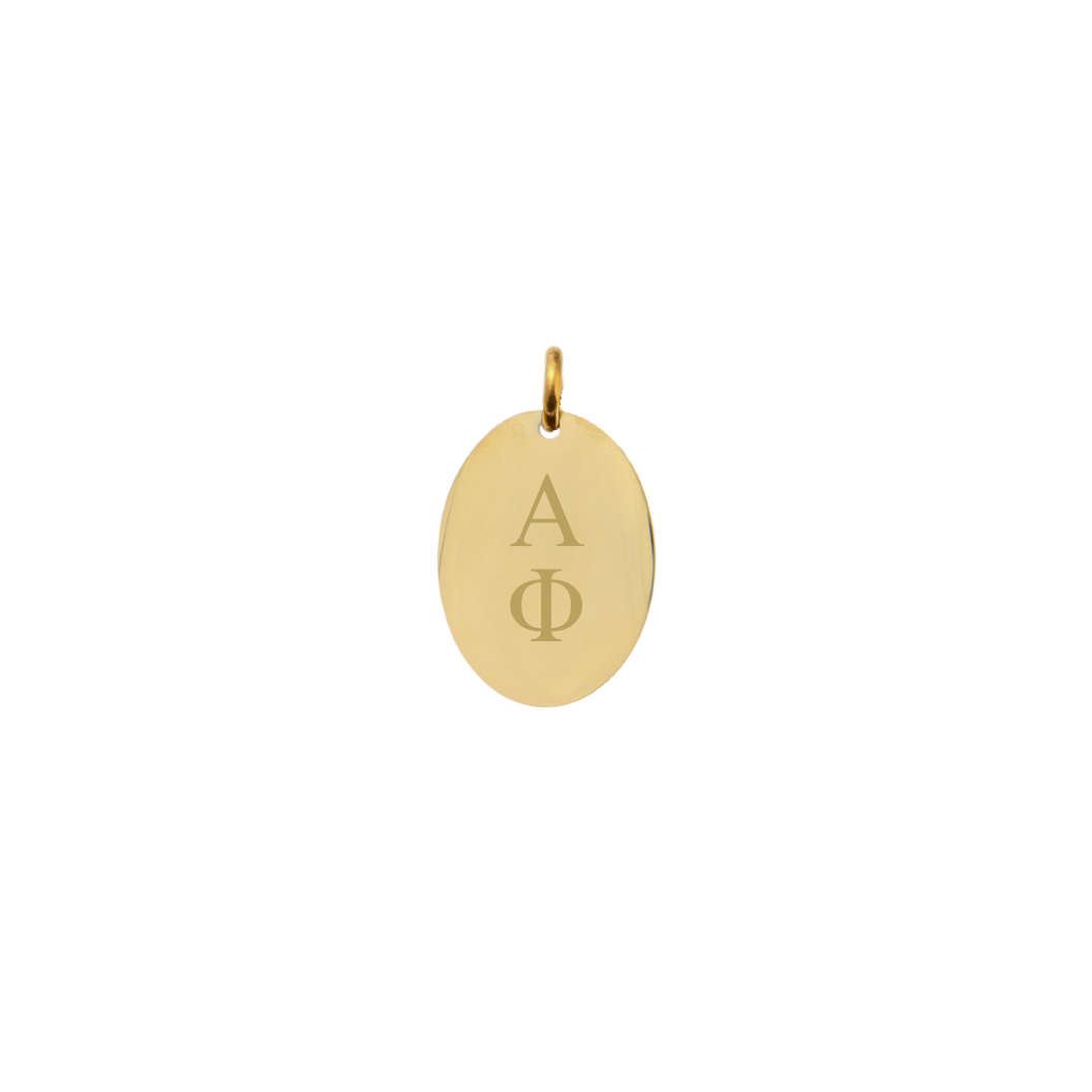 Alpha Phi gold small oval charm with vertical greek letters front view