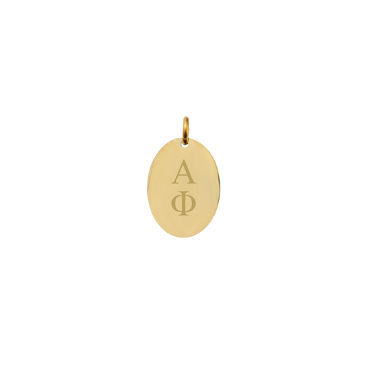 Alpha Phi gold small oval charm with vertical greek letters front view