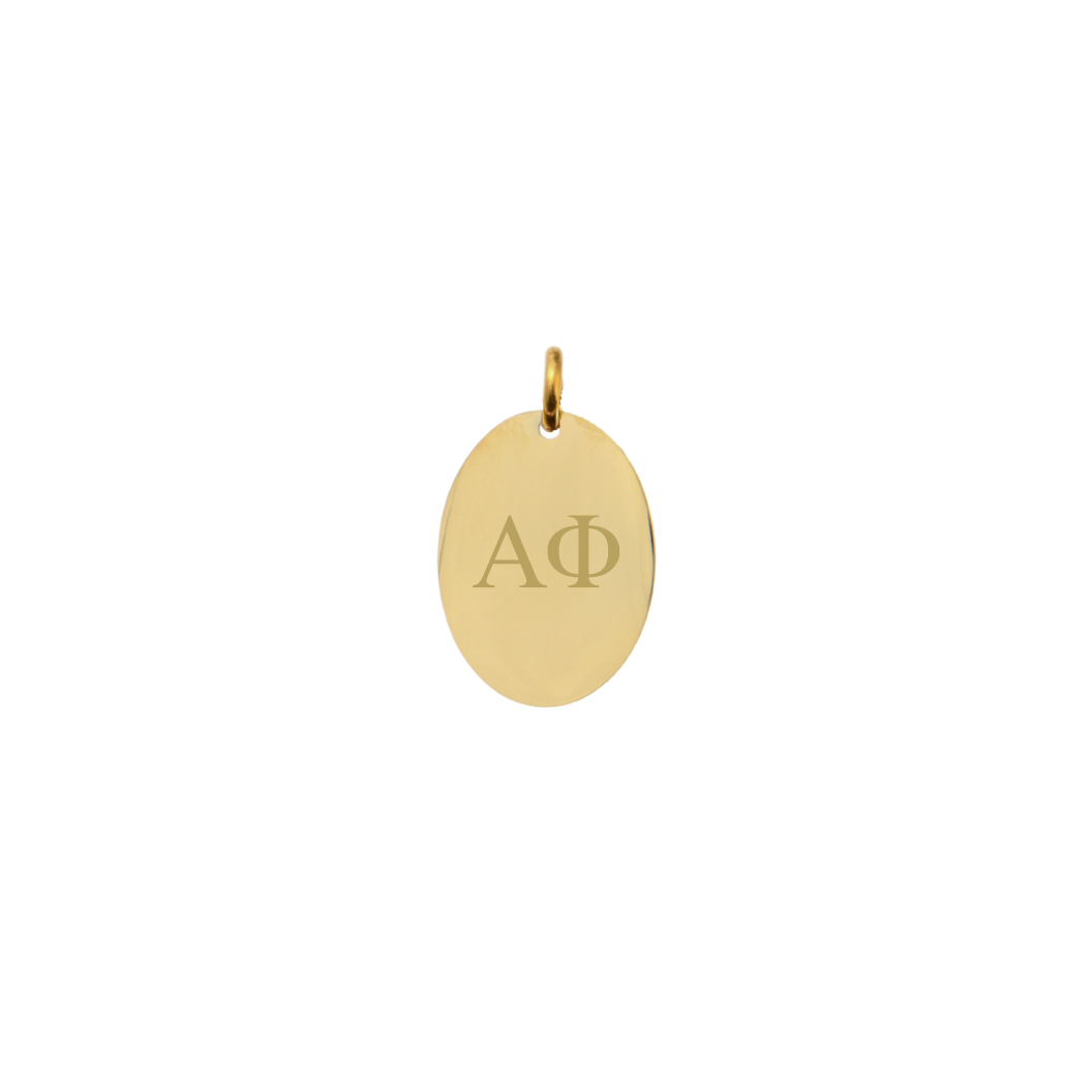 Alpha Phi gold small oval charm with horizontal greek letters front view