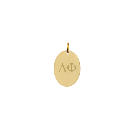 Alpha Phi gold small oval charm with horizontal greek letters front view