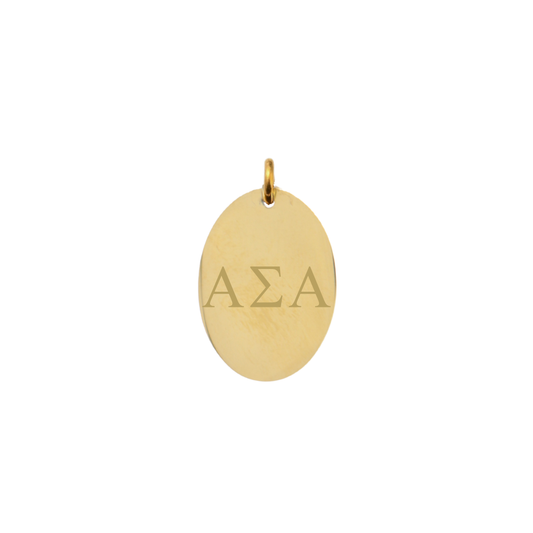 Alpha Sigma Alpha gold large oval charm with horizontal greek letter front view