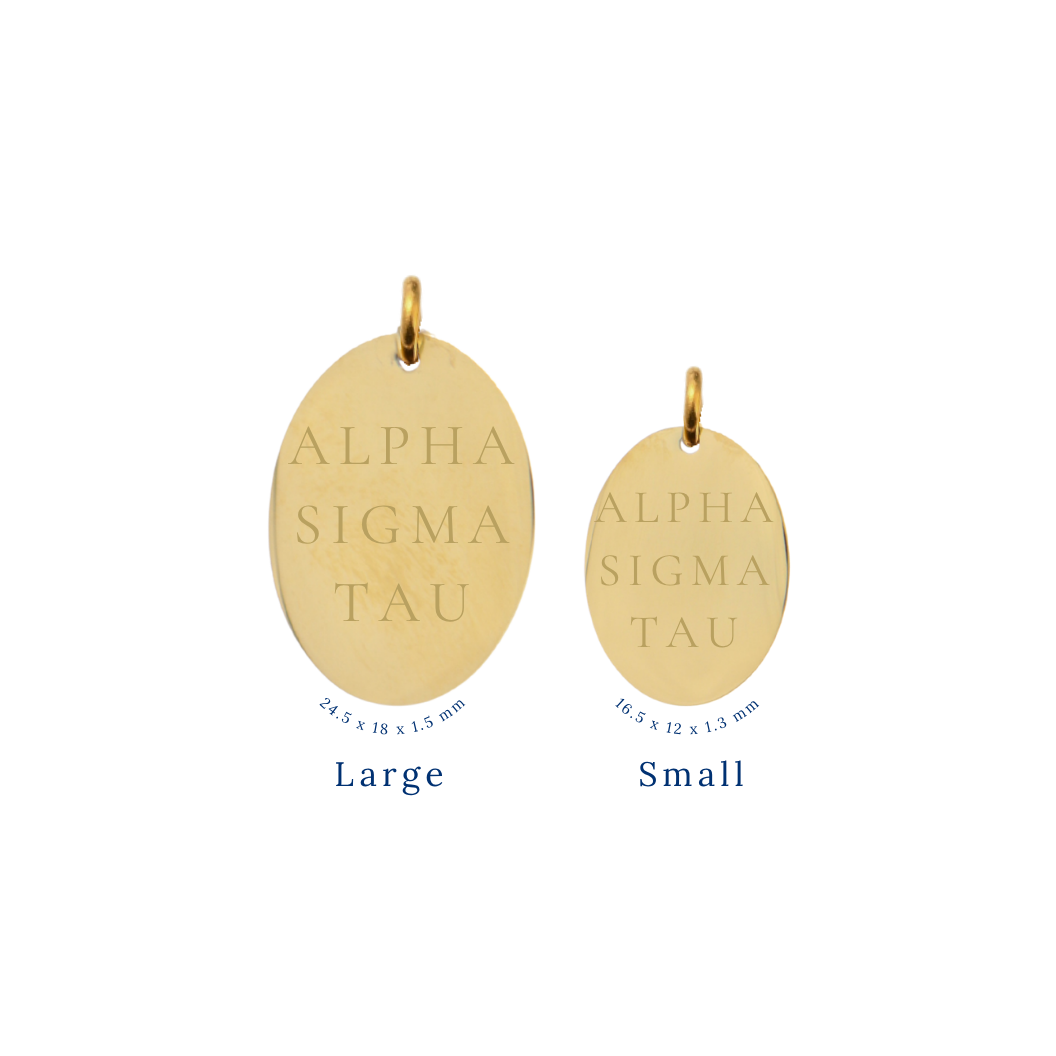 Alpha Sigma Tau gold large oval charm and small oval charm comparison with full sorority name front view