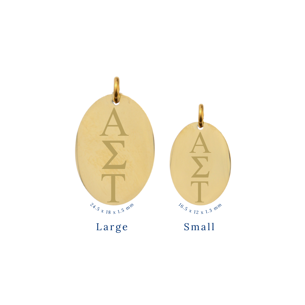 Alpha Sigma Tau gold large oval charm and small oval charm comparison with vertical/stacked greek letters front view