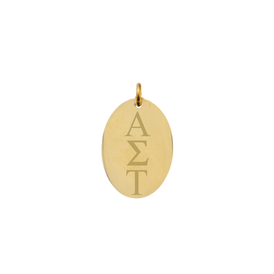 Alpha Sigma Tau gold large oval charm with vertical/stacked greek letters front view