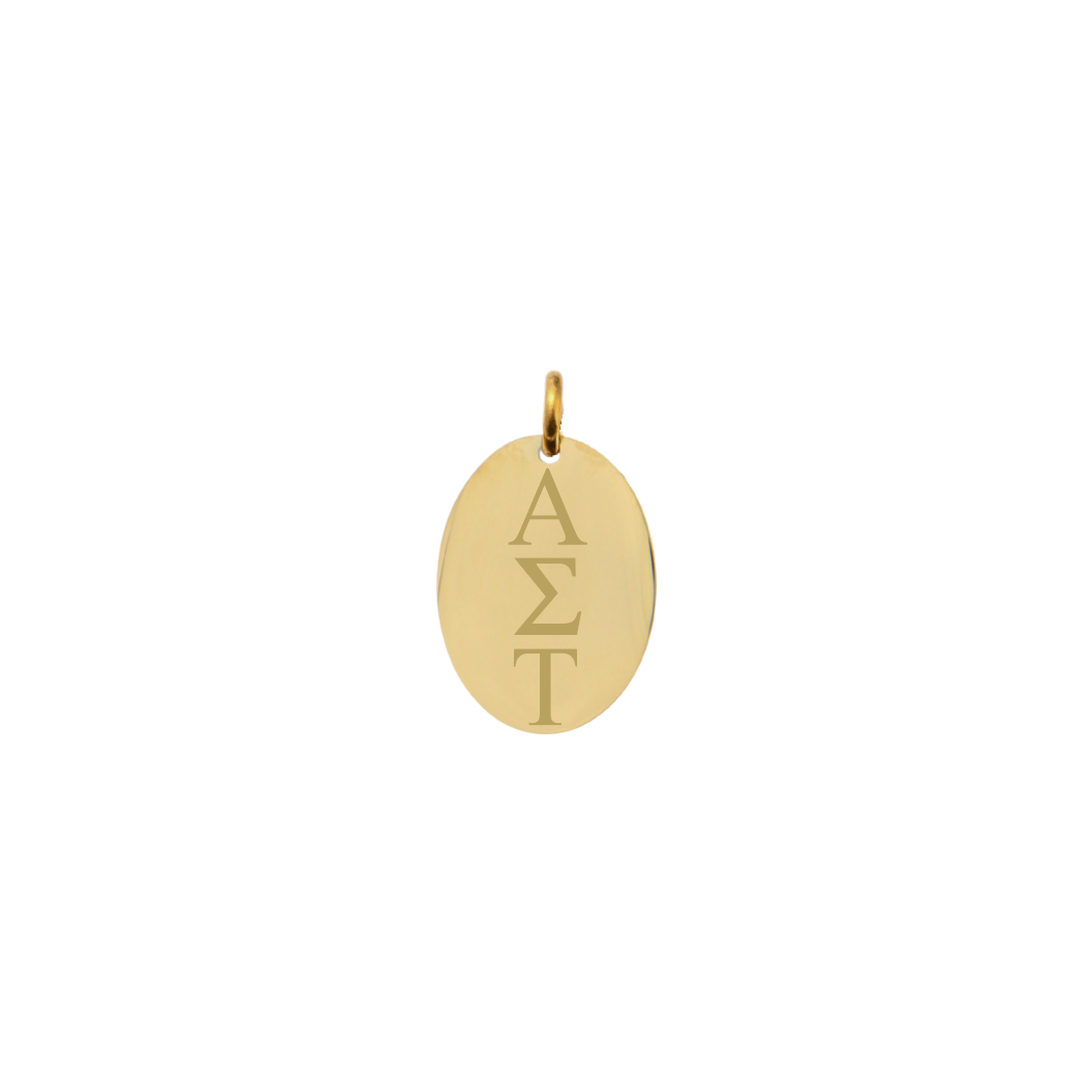 Alpha Sigma Tau gold small oval charm with vertical/stacked greek letters front view