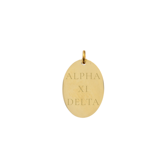 Alpha XI Delta gold large oval charm with full sorority name front view