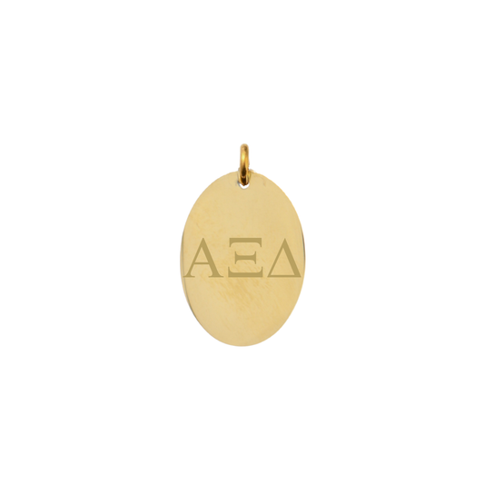 Alpha XI Delta gold large oval charm with horizontal greek letters front view
