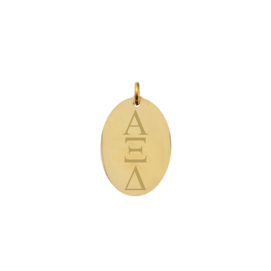 Alpha XI Delta gold large oval charm with vertical/stacked greek letters front view