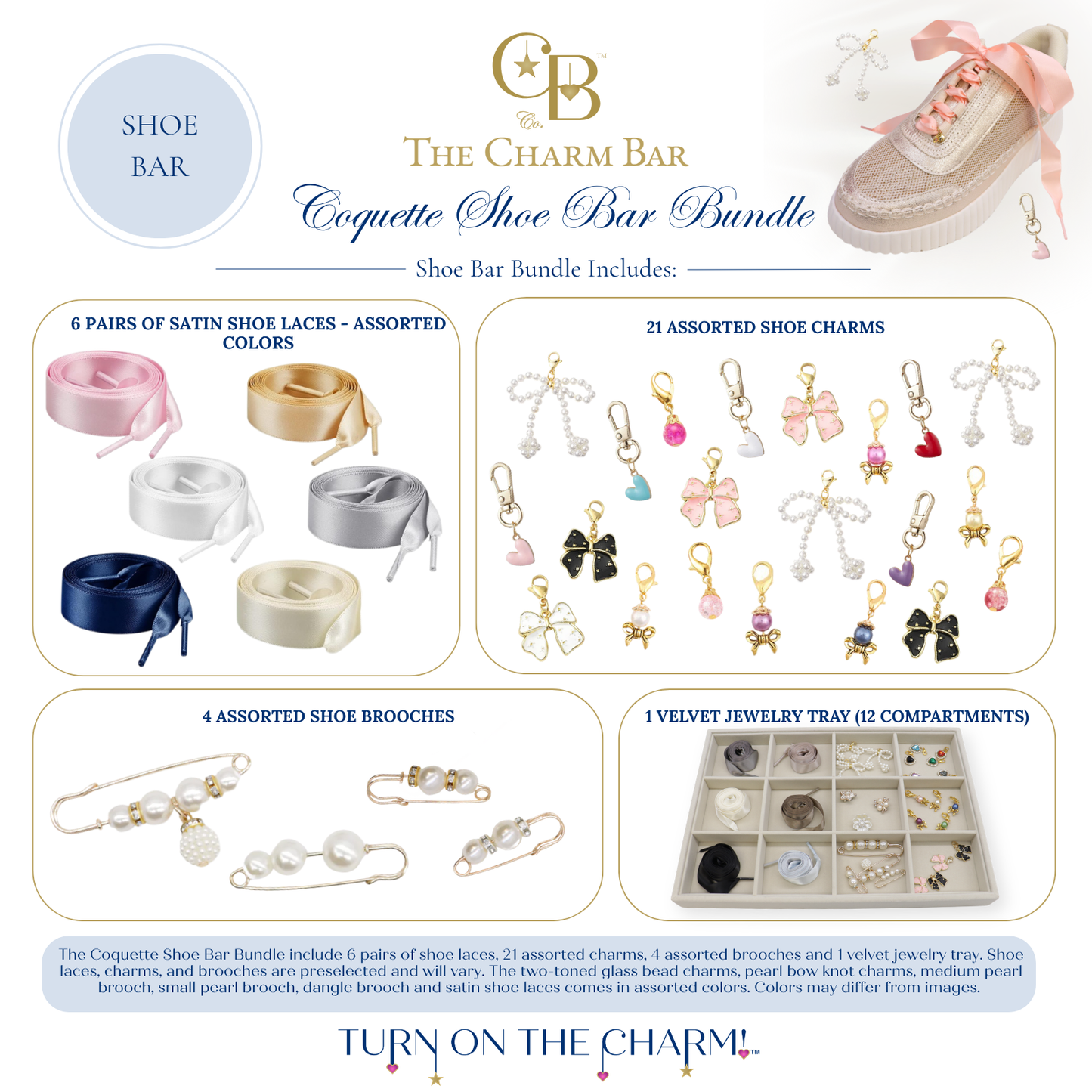 The Charm Bar Company Coquette Shoe Bar Bundle featuring satin shoe laces, interchangeable shoe charms, pearl shoe brooches, and a velvet jewelry tray for organized display. This boutique-ready shoe bar kit includes six pairs of satin laces in assorted colors, 21 assorted shoe charms, four shoe brooches, and a 12-compartment tray, allowing customers to create personalized coquette-inspired sneakers with bows, pearls, hearts, and decorative accents.