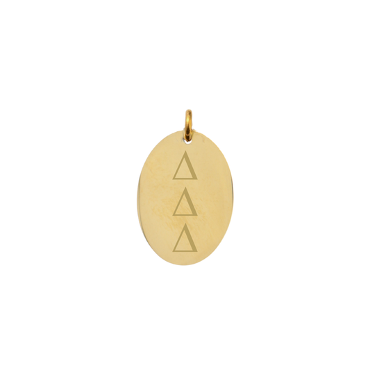 Delta Delta Delta gold large oval charm with vertical greek letters front view