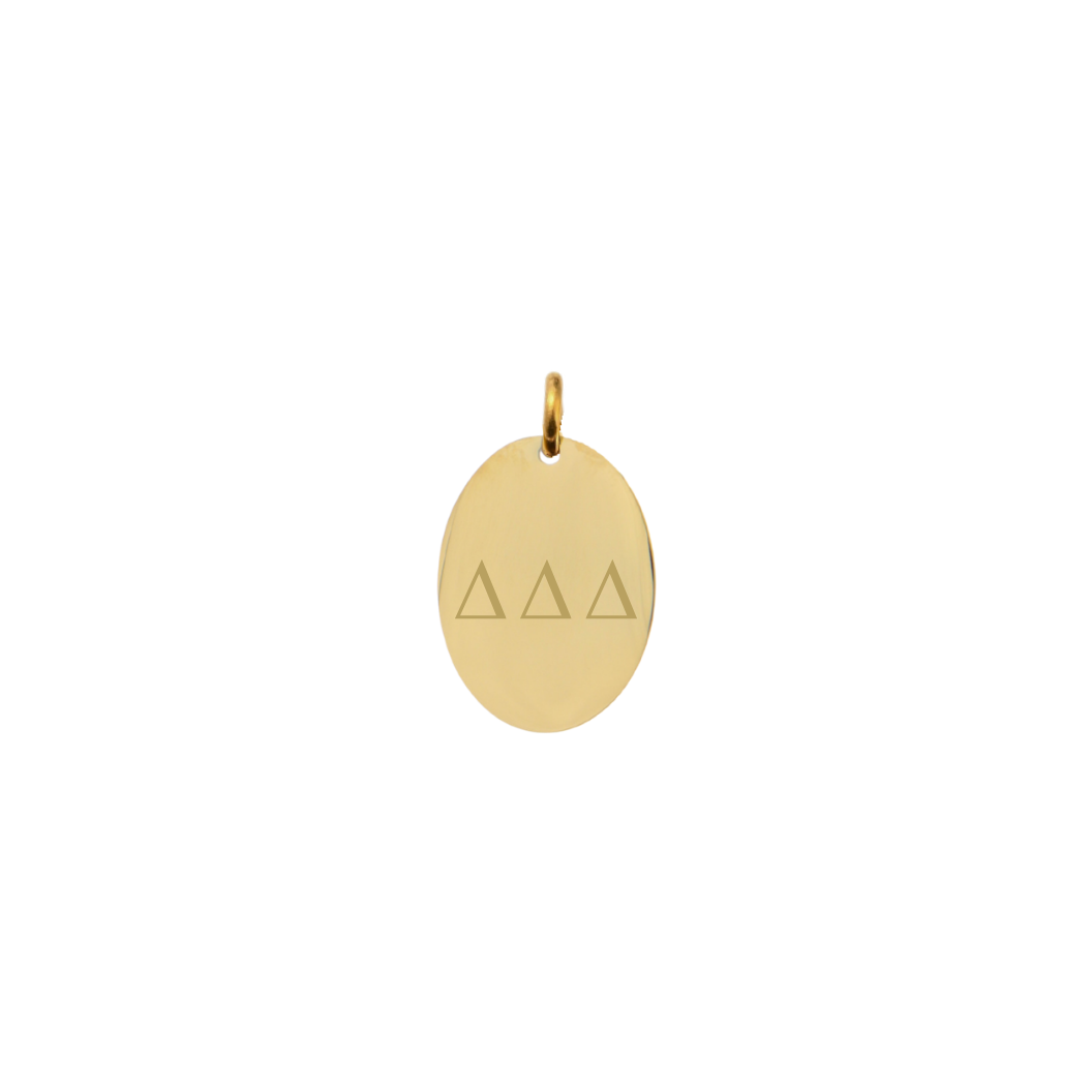Delta Delta Delta gold large oval charm with vertical greek letters front view