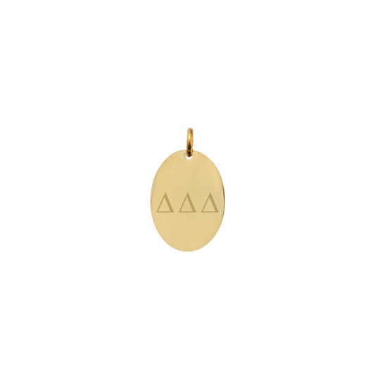 Delta Delta Delta gold large oval charm with vertical greek letters front view