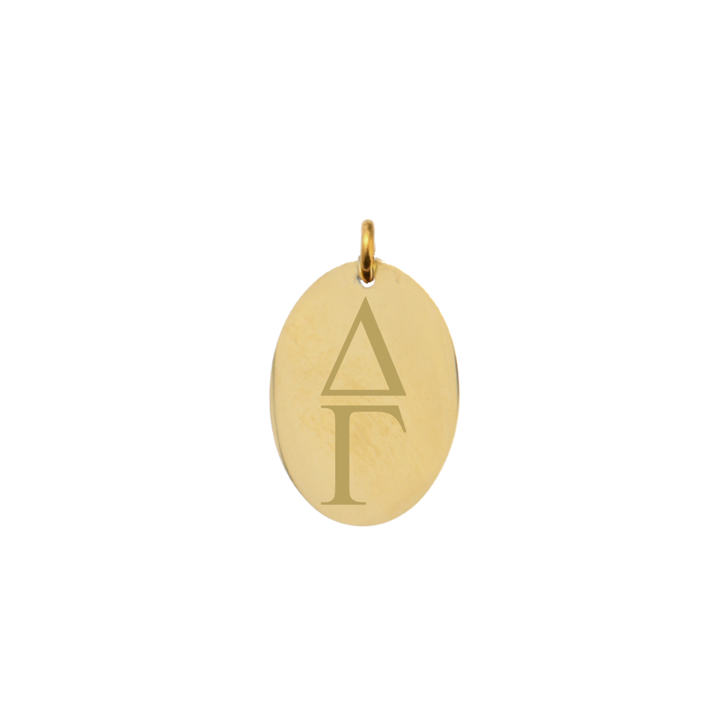Delta Gamma gold large oval charm with vertical/stacked greek letters front view