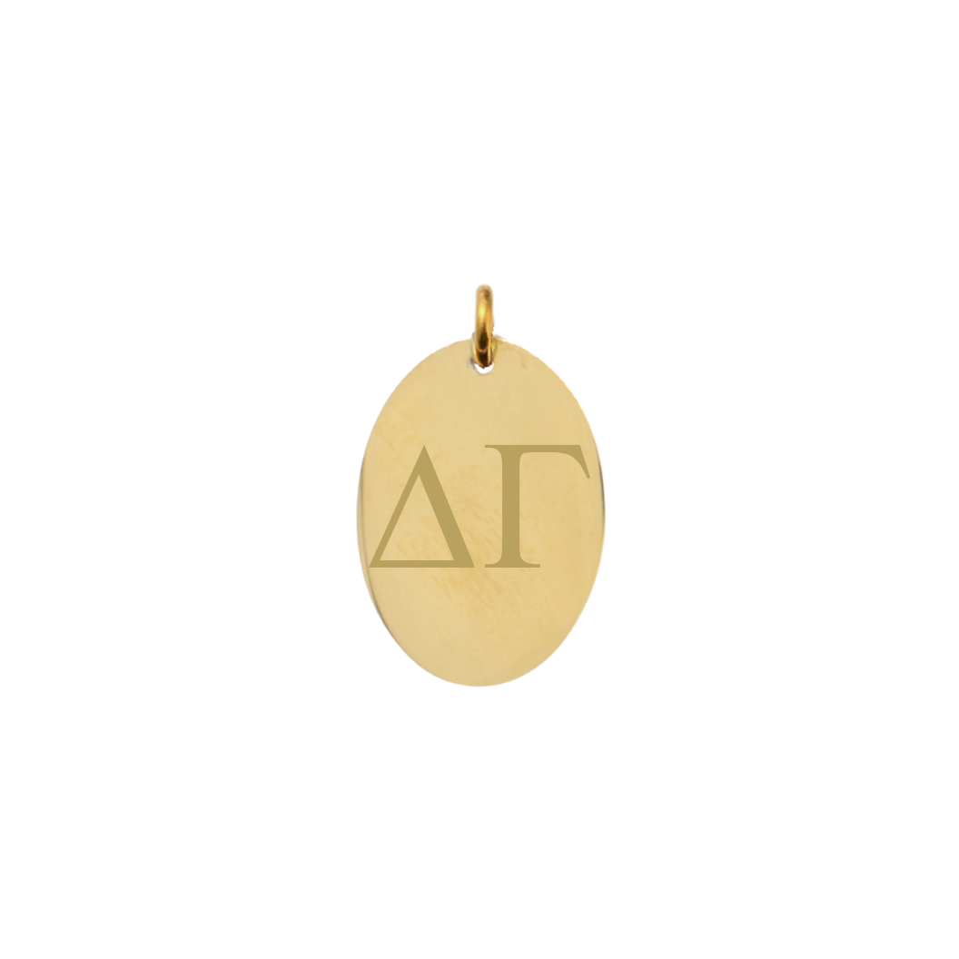 Delta Gamma gold large oval charm with horizontal greek letters front view