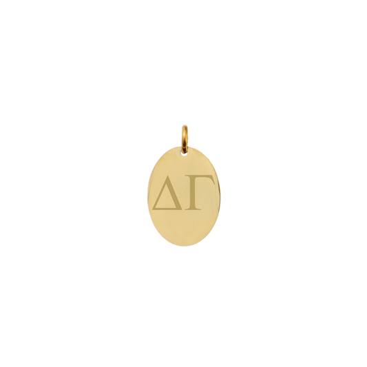 Delta Gamma gold small oval charm with horizontal greek letters front view