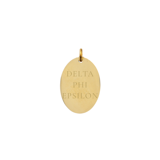 Delta Phi Epsilon gold large oval charm with full sorority name front view