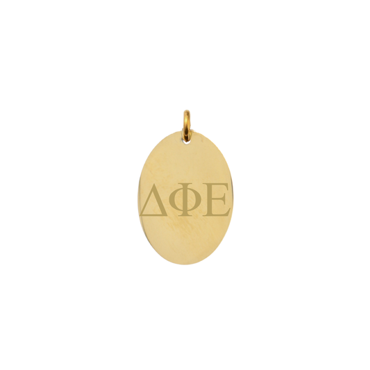 Delta Phi Epsilon gold large oval charm with horizontal greek letters front view