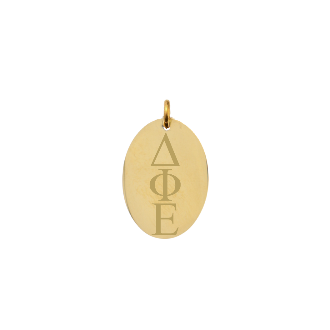 Delta Phi Epsilon gold large oval charm with vertical/stacked greek letters front view