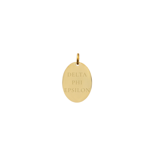 Delta Phi Epsilon gold small oval charm with full sorority name front view