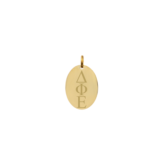Delta Phi Epsilon gold small oval charm with vertical/stacked greek letters front view