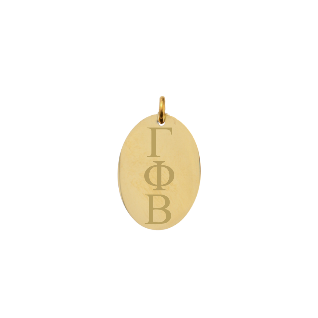 Gamma Phi Beta gold oval charm with vertical/stacked greek letters front view