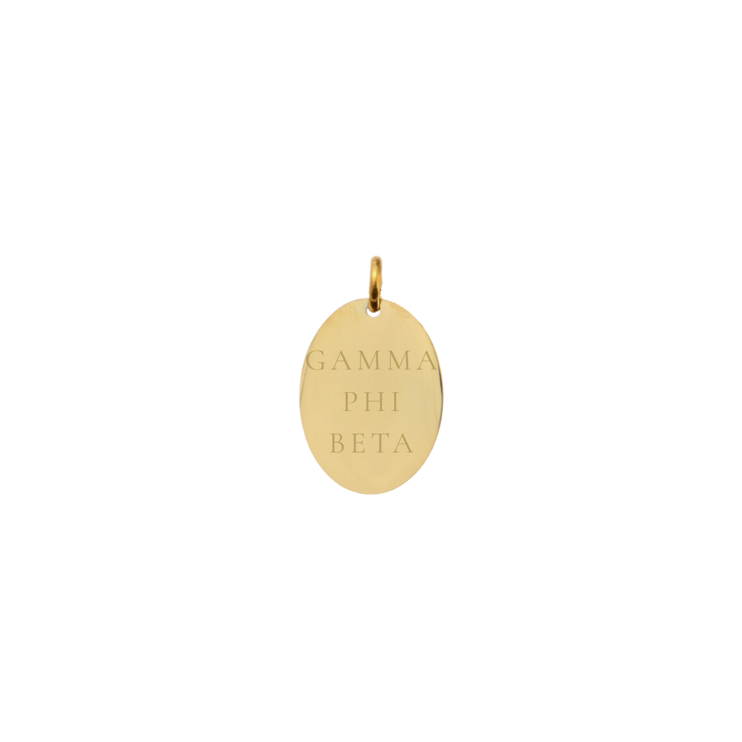 Gold Phi Beta gold small oval charm with full sorority name front view