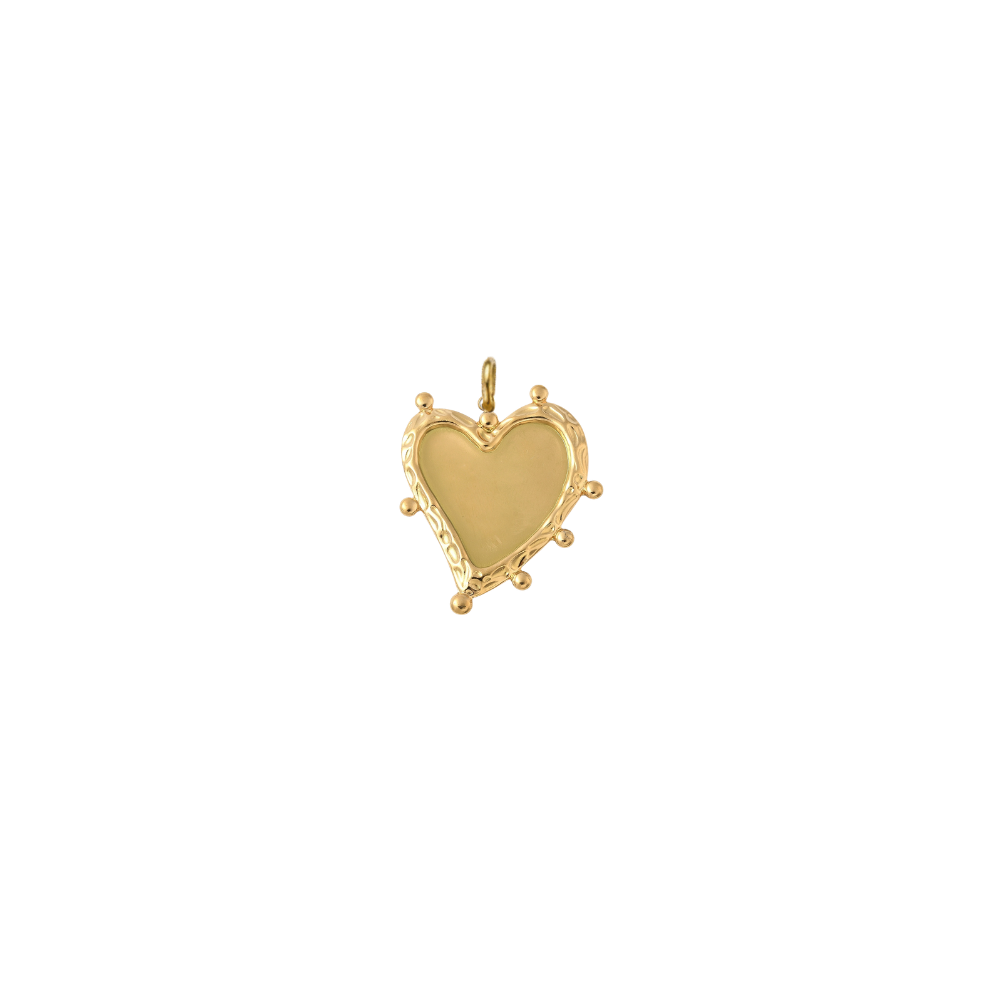 Gold heart-shaped charm featuring a smooth polished center with an organic textured border and decorative bead accents, displayed on a transparent background.